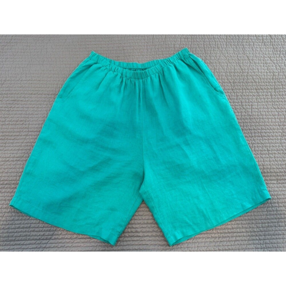 FLAX Teal Elastic Waist Pockets 100% Linen Bermuda Shorts M Coastal Lagenlook